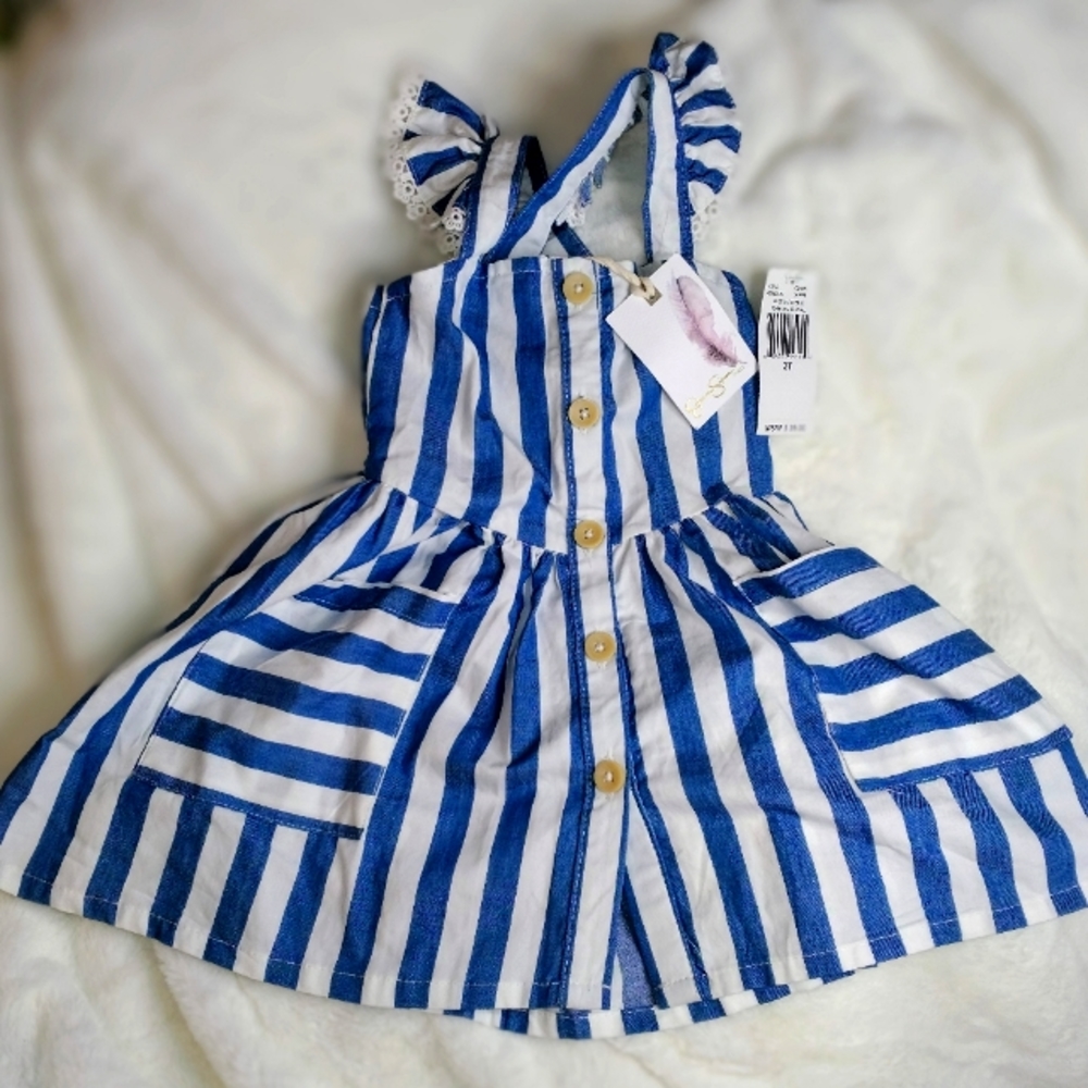Jessica Simpson 2T toddler girl summer dress. Blue & white stripes, buttons.